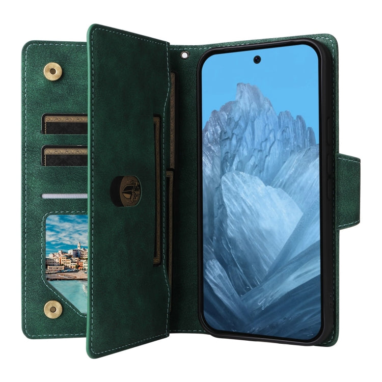 For Google Pixel 9 Rivet Buckle 9 Cards Three Fold Leather Phone Case(Green) - Google Cases by PMC Jewellery | Online Shopping South Africa | PMC Jewellery | Buy Now Pay Later Mobicred