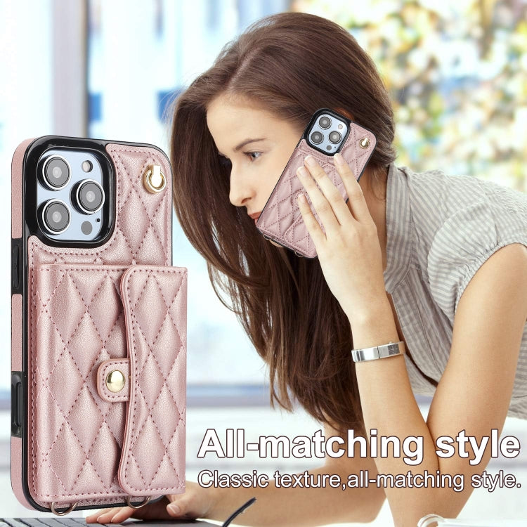 For iPhone 16 Pro Crossbody Rhombic Horizontal Wallet Leather Phone Case(Rose Gold) - iPhone 16 Pro Cases by PMC Jewellery | Online Shopping South Africa | PMC Jewellery | Buy Now Pay Later Mobicred