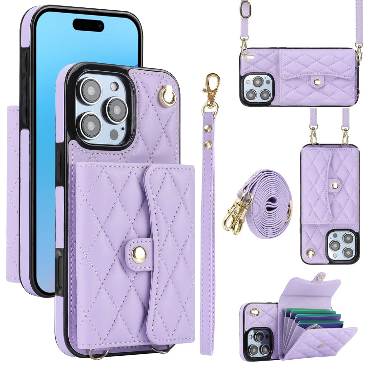 For iPhone 16 Pro Crossbody Rhombic Horizontal Wallet Leather Phone Case(Purple) - iPhone 16 Pro Cases by PMC Jewellery | Online Shopping South Africa | PMC Jewellery | Buy Now Pay Later Mobicred