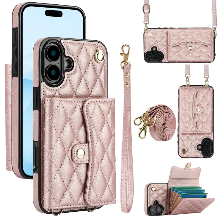 For iPhone 16 Plus Crossbody Rhombic Horizontal Wallet Leather Phone Case(Rose Gold) - iPhone 16 Plus Cases by PMC Jewellery | Online Shopping South Africa | PMC Jewellery | Buy Now Pay Later Mobicred