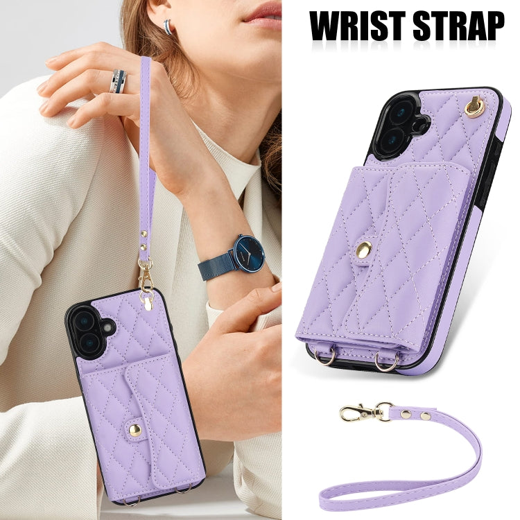 For iPhone 16 Plus Crossbody Rhombic Horizontal Wallet Leather Phone Case(Purple) - iPhone 16 Plus Cases by PMC Jewellery | Online Shopping South Africa | PMC Jewellery | Buy Now Pay Later Mobicred