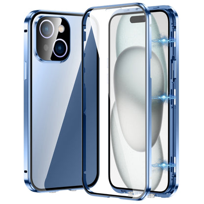 For iPhone 15 Plus Magnetic Double-buckle HD Tempered Glass Phone Case(Blue) - iPhone 15 Plus Cases by PMC Jewellery | Online Shopping South Africa | PMC Jewellery