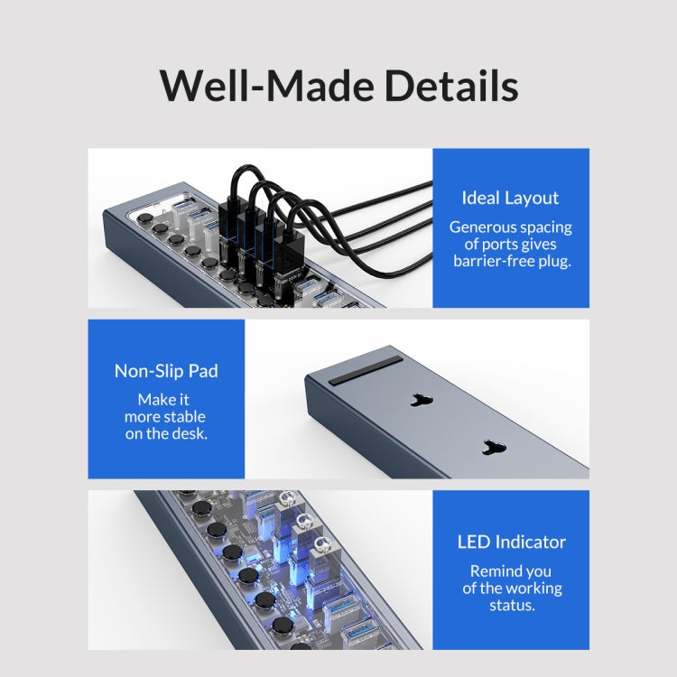 ORICO AT2U3-16AB-GY-BP 16 Ports USB 3.0 HUB with Individual Switches & Blue LED Indicator(AU Plug) - USB 3.0 HUB by ORICO | Online Shopping South Africa | PMC Jewellery | Buy Now Pay Later Mobicred