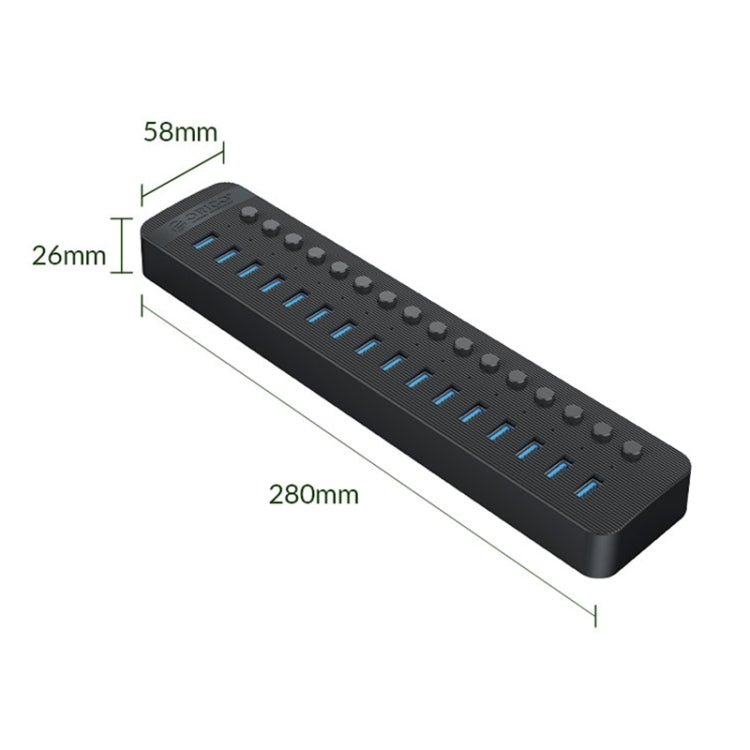 ORICO CT2U3-16AB Plastic Stripes 16 Ports USB 3.0 HUB with Individual Switches, Plug:AU Plug(Black) - USB 3.0 HUB by ORICO | Online Shopping South Africa | PMC Jewellery | Buy Now Pay Later Mobicred