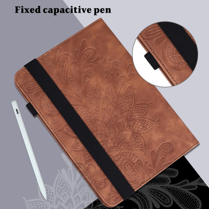 For Samsung Galaxy Tab S9 Lace Flower Embossing Pattern PU Tablet Case(Brown) - Galaxy Tab S9 Cases by PMC Jewellery | Online Shopping South Africa | PMC Jewellery | Buy Now Pay Later Mobicred