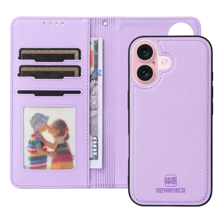 For iPhone 16 BETOPNICE BN-005 2 in 1 Detachable Imitate Genuine Leather Phone Case(Light Purple) - iPhone 16 Cases by BETOPNICE | Online Shopping South Africa | PMC Jewellery | Buy Now Pay Later Mobicred