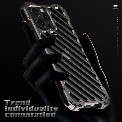 For iPhone 16 R-JUST RJ-50 Hollow Breathable Armor Metal Phone Case(Space Grey) - iPhone 16 Cases by R-JUST | Online Shopping South Africa | PMC Jewellery | Buy Now Pay Later Mobicred