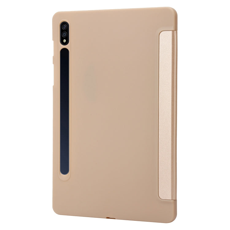 For Samsung Galaxy Tab S9 3-Fold Holder Silicone Leather Tablet Case(Gold) - Galaxy Tab S9 Cases by PMC Jewellery | Online Shopping South Africa | PMC Jewellery | Buy Now Pay Later Mobicred