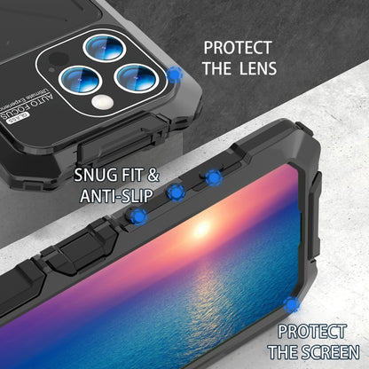 For iPhone 15 Pro Max R-JUST Metal + Silicone + Tempered Glass Life Waterproof Phone Case with Holder(Black) - iPhone 15 Pro Max Cases by R-JUST | Online Shopping South Africa | PMC Jewellery | Buy Now Pay Later Mobicred