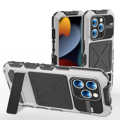 For iPhone 15 Pro R-JUST Metal + Silicone + Tempered Glass Life Waterproof Phone Case with Holder(Silver) - iPhone 15 Pro Cases by R-JUST | Online Shopping South Africa | PMC Jewellery | Buy Now Pay Later Mobicred