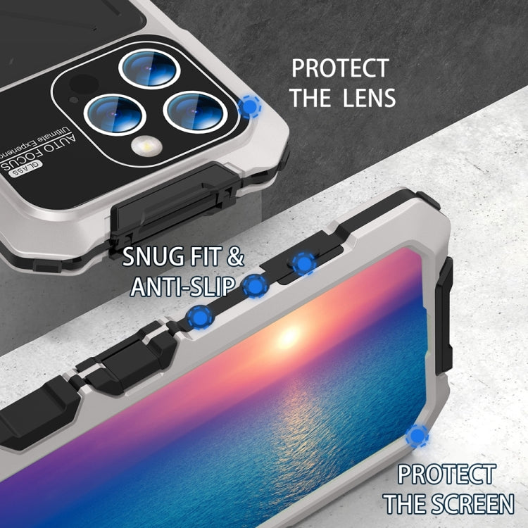 For iPhone 15 Pro R-JUST Metal + Silicone + Tempered Glass Life Waterproof Phone Case with Holder(Silver) - iPhone 15 Pro Cases by R-JUST | Online Shopping South Africa | PMC Jewellery | Buy Now Pay Later Mobicred