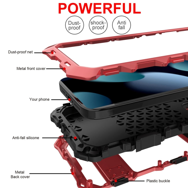 For iPhone 15 Plus R-JUST Metal + Silicone + Tempered Glass Life Waterproof Phone Case with Holder(Red) - iPhone 15 Plus Cases by R-JUST | Online Shopping South Africa | PMC Jewellery | Buy Now Pay Later Mobicred