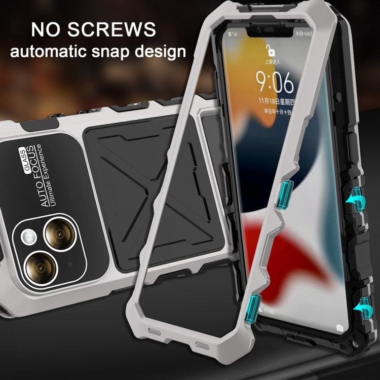 For iPhone 15 Plus R-JUST Metal + Silicone + Tempered Glass Life Waterproof Phone Case with Holder(Silver) - iPhone 15 Plus Cases by R-JUST | Online Shopping South Africa | PMC Jewellery | Buy Now Pay Later Mobicred