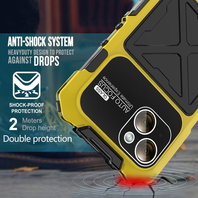 For iPhone 15 R-JUST Metal + Silicone + Tempered Glass Life Waterproof Phone Case with Holder(Yellow) - iPhone 15 Cases by R-JUST | Online Shopping South Africa | PMC Jewellery | Buy Now Pay Later Mobicred