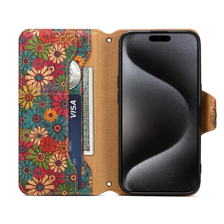 For iPhone 16 Pro Max Denior Flower Language Series Cork Fabric Oil Edge Leather Phone Case(Spring) - iPhone 16 Pro Max Cases by Denior | Online Shopping South Africa | PMC Jewellery | Buy Now Pay Later Mobicred