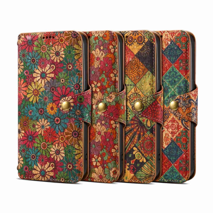 For iPhone 16 Denior Flower Language Series Cork Fabric Oil Edge Leather Phone Case(Spring) - iPhone 16 Cases by Denior | Online Shopping South Africa | PMC Jewellery | Buy Now Pay Later Mobicred