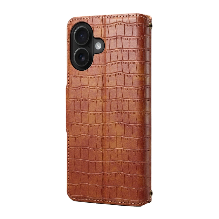 For iPhone 16 Denior Crocodile Texture Oil Edge Leather Phone Case(Brown) - iPhone 16 Cases by Denior | Online Shopping South Africa | PMC Jewellery | Buy Now Pay Later Mobicred