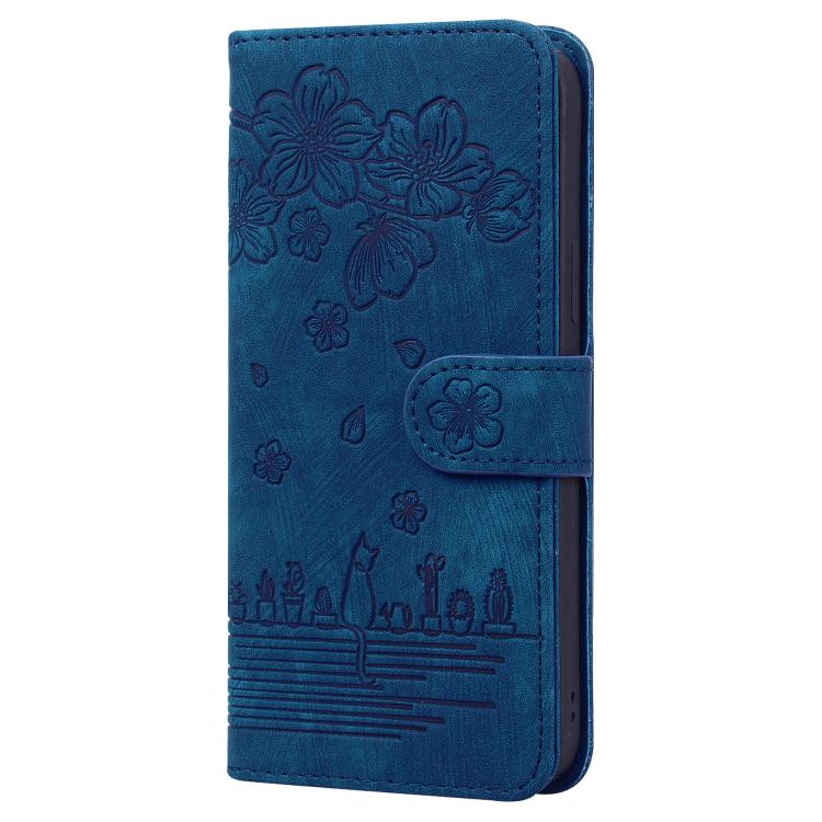 For iPhone 16e Cartoon Sakura Cat Embossed Leather Phone Case(Royal Blue) - iPhone 16e Cases by PMC TechLife | Online Shopping South Africa | PMC TechLife | Buy Now Pay Later Mobicred