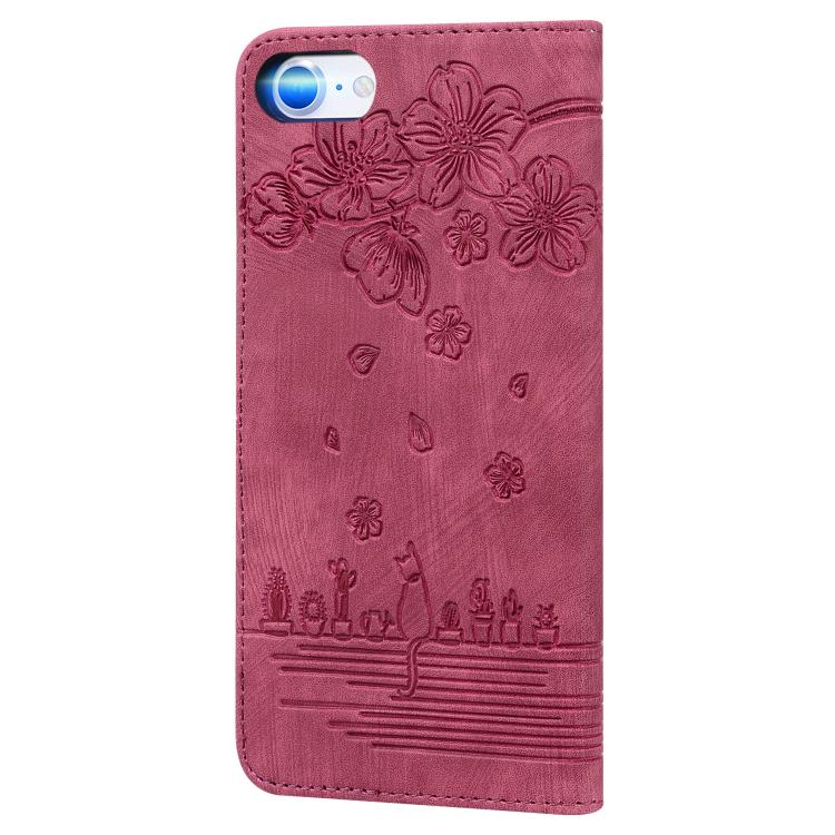 For iPhone 16e Cartoon Sakura Cat Embossed Leather Phone Case(Wine Red) - iPhone 16e Cases by PMC TechLife | Online Shopping South Africa | PMC TechLife | Buy Now Pay Later Mobicred