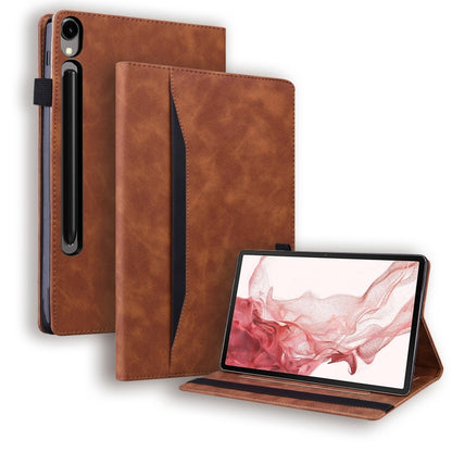 For Samsung Galaxy Tab S9 FE+ Splicing Shockproof Leather Tablet Case(Brown) - Galaxy Tab S9 FE+ by PMC Jewellery | Online Shopping South Africa | PMC Jewellery | Buy Now Pay Later Mobicred