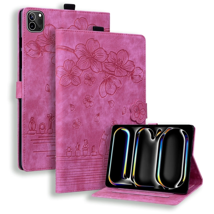 For iPad Pro 11 2024 Cartoon Sakura Cat Embossed Smart Leather Tablet Case(Rose Red) - free shipping - PMC TechLife - Order now!