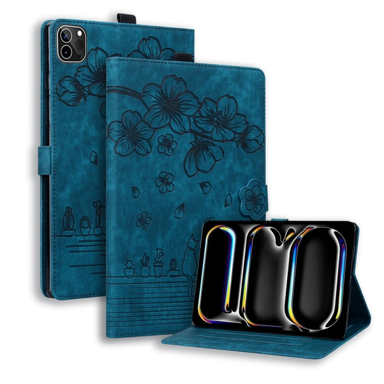 For iPad Pro 13 2024 Cartoon Sakura Cat Embossed Smart Leather Tablet Case(Blue) - iPad Pro 13 2024 Cases by PMC TechLife | Online Shopping South Africa | PMC TechLife | Buy Now Pay Later Mobicred