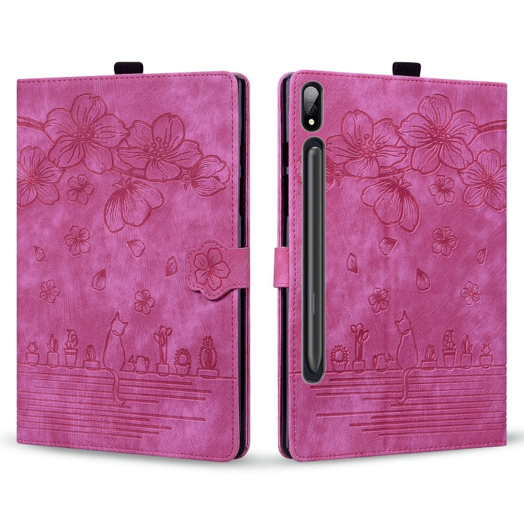 For Samsung Galaxy Tab S9+ /S8+ /S7+ Cartoon Sakura Cat Embossed Smart Leather Tablet Case(Rose Red) - Galaxy Tab S9+ Cases by PMC Jewellery | Online Shopping South Africa | PMC Jewellery | Buy Now Pay Later Mobicred