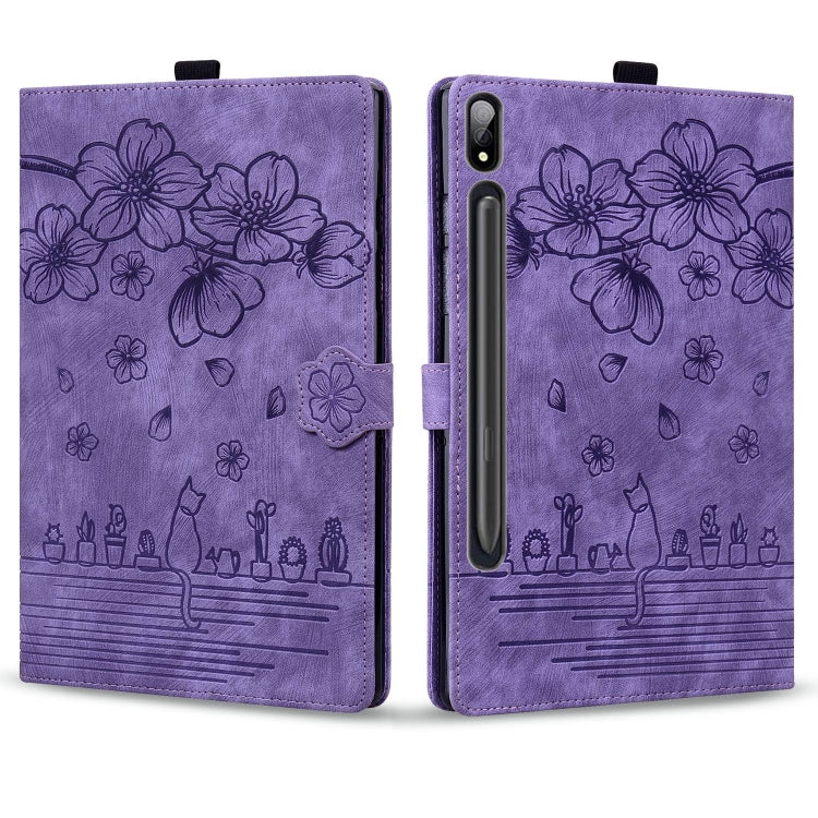 For Samsung Galaxy Tab S11 / S10 / S9 Cartoon Sakura Cat Embossed Smart Leather Tablet Case(Purple) - free shipping - PMC Jewellery - Order now!