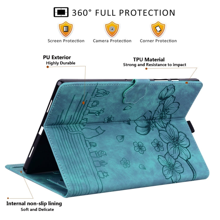 For Samsung Galaxy Tab A9+ Cartoon Sakura Cat Embossed Leather Tablet Case(Green) - Galaxy Tab A9+ by PMC Jewellery | Online Shopping South Africa | PMC Jewellery