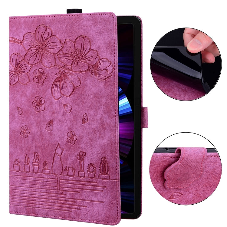 For Samsung Galaxy Tab S9 FE+ Cartoon Sakura Cat Embossed Leather Tablet Case(Rose Red) - Galaxy Tab S9 FE+ by PMC Jewellery | Online Shopping South Africa | PMC Jewellery | Buy Now Pay Later Mobicred