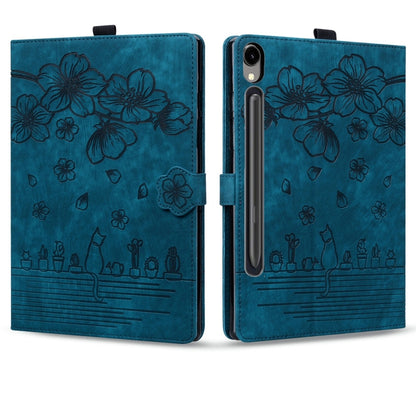 For Samsung Galaxy Tab S9 FE+ Cartoon Sakura Cat Embossed Leather Tablet Case(Blue) - Galaxy Tab S9 FE+ by PMC Jewellery | Online Shopping South Africa | PMC Jewellery | Buy Now Pay Later Mobicred