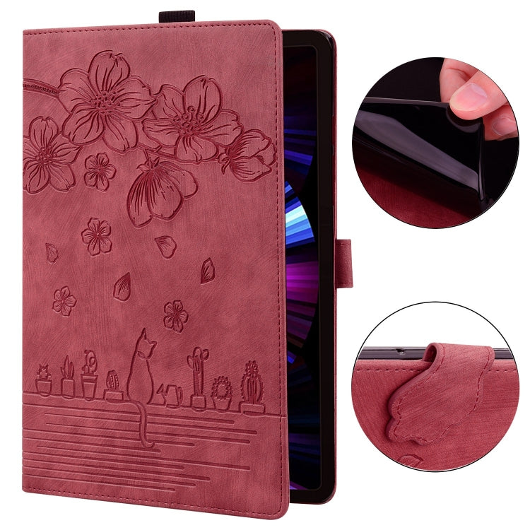 For Lenovo Tab P11 TB-J606F Cartoon Sakura Cat Embossed Leather Tablet Case(Red) - Lenovo by PMC TechLife | Online Shopping South Africa | PMC TechLife | Buy Now Pay Later Mobicred