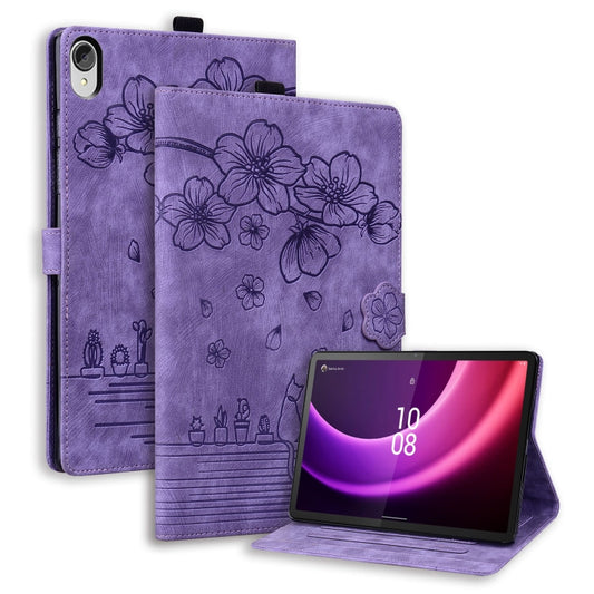 For Lenovo Tab P11 TB-J606F Cartoon Sakura Cat Embossed Leather Tablet Case(Purple) - Lenovo by PMC Jewellery | Online Shopping South Africa | PMC Jewellery | Buy Now Pay Later Mobicred