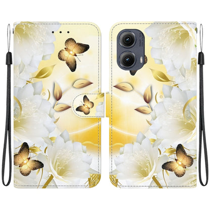 For Motorola Edge 2024 Crystal Texture Colored Drawing Leather Phone Case(Gold Butterfly Epiphyllum) - Motorola Cases by PMC Jewellery | Online Shopping South Africa | PMC Jewellery | Buy Now Pay Later Mobicred