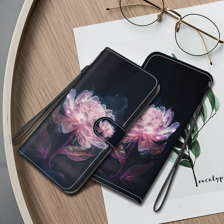 For Realme 12 5G Crystal Texture Colored Drawing Leather Phone Case(Purple Peony) - Realme Cases by PMC Jewellery | Online Shopping South Africa | PMC Jewellery | Buy Now Pay Later Mobicred