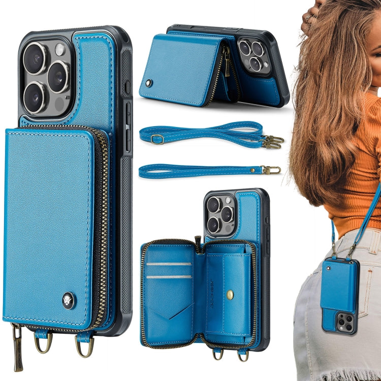 For iPhone 16 Pro Max JEEHOOD C22 Series Zipper Wallet Leather Phone Case with Dual Lanyard(Blue) - iPhone 16 Pro Max Cases by JEEHOOD | Online Shopping South Africa | PMC Jewellery | Buy Now Pay Later Mobicred