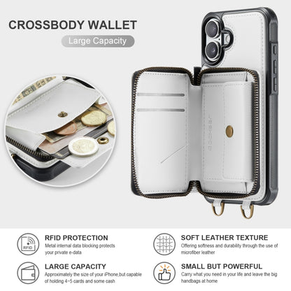 For iPhone 16 Plus JEEHOOD C22 Series Zipper Wallet Leather Phone Case with Dual Lanyard(White) - iPhone 16 Plus Cases by JEEHOOD | Online Shopping South Africa | PMC Jewellery | Buy Now Pay Later Mobicred