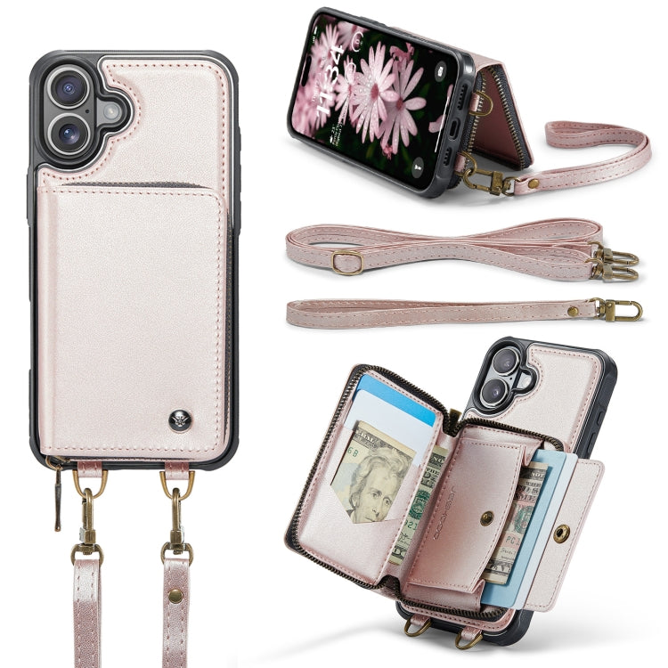 For iPhone 16 JEEHOOD C22 Series Zipper Wallet Leather Phone Case with Dual Lanyard(Rose Gold) - iPhone 16 Cases by JEEHOOD | Online Shopping South Africa | PMC Jewellery | Buy Now Pay Later Mobicred