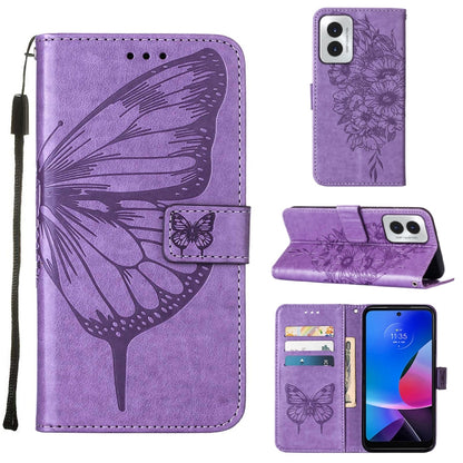 For Motorola Moto G Play 4G 2024 Embossed Butterfly Leather Phone Case(Purple) - Motorola Cases by PMC Jewellery | Online Shopping South Africa | PMC Jewellery | Buy Now Pay Later Mobicred