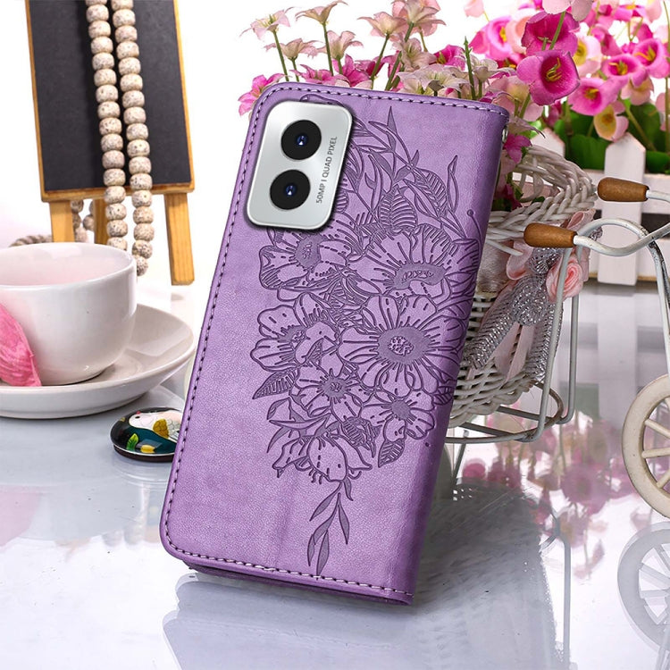 For Motorola Moto G Play 4G 2024 Embossed Butterfly Leather Phone Case(Purple) - Motorola Cases by PMC Jewellery | Online Shopping South Africa | PMC Jewellery | Buy Now Pay Later Mobicred