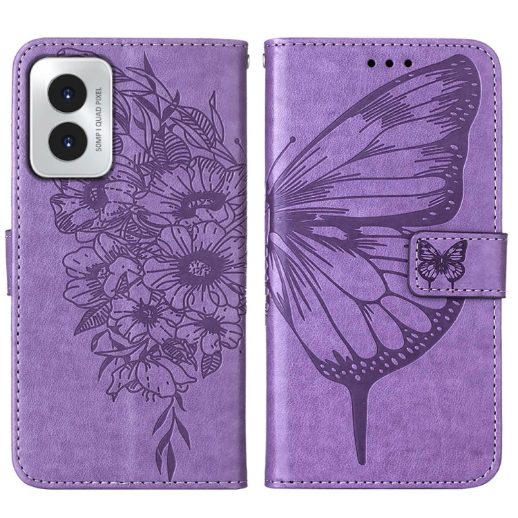 For Motorola Moto G Play 4G 2024 Embossed Butterfly Leather Phone Case(Purple) - Motorola Cases by PMC Jewellery | Online Shopping South Africa | PMC Jewellery | Buy Now Pay Later Mobicred