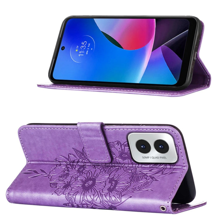 For Motorola Moto G Play 4G 2024 Embossed Butterfly Leather Phone Case(Purple) - Motorola Cases by PMC Jewellery | Online Shopping South Africa | PMC Jewellery | Buy Now Pay Later Mobicred