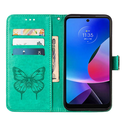 For Motorola Moto G Play 4G 2024 Embossed Butterfly Leather Phone Case(Green) - Motorola Cases by PMC Jewellery | Online Shopping South Africa | PMC Jewellery | Buy Now Pay Later Mobicred