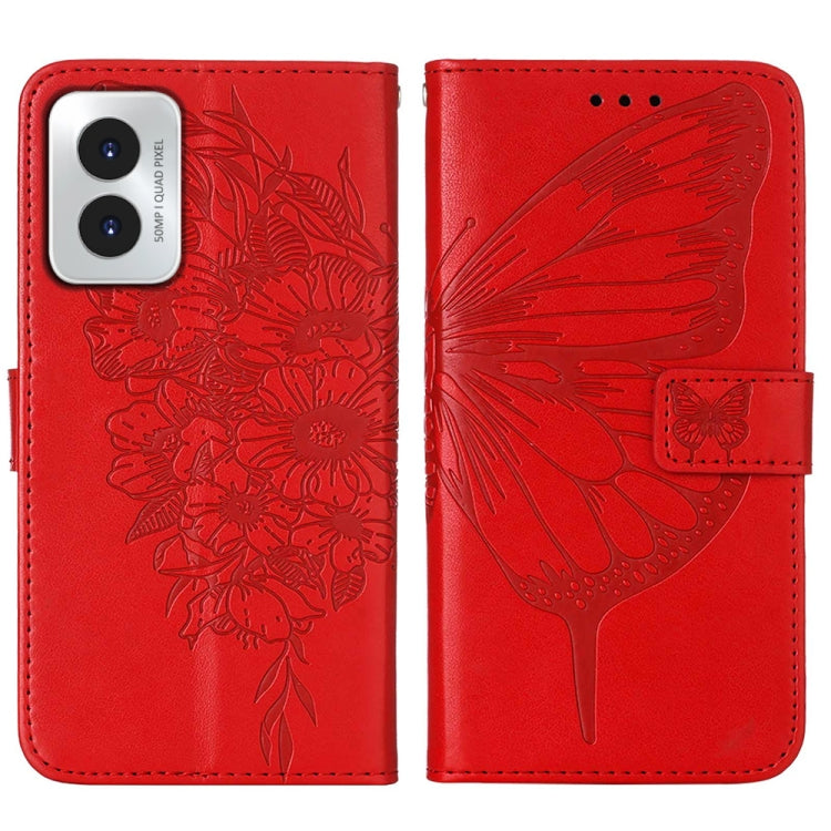 For Motorola Moto G Play 4G 2024 Embossed Butterfly Leather Phone Case(Red) - Motorola Cases by PMC Jewellery | Online Shopping South Africa | PMC Jewellery | Buy Now Pay Later Mobicred