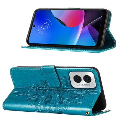 For Motorola Moto G Play 4G 2024 Embossed Butterfly Leather Phone Case(Blue) - Motorola Cases by PMC Jewellery | Online Shopping South Africa | PMC Jewellery | Buy Now Pay Later Mobicred