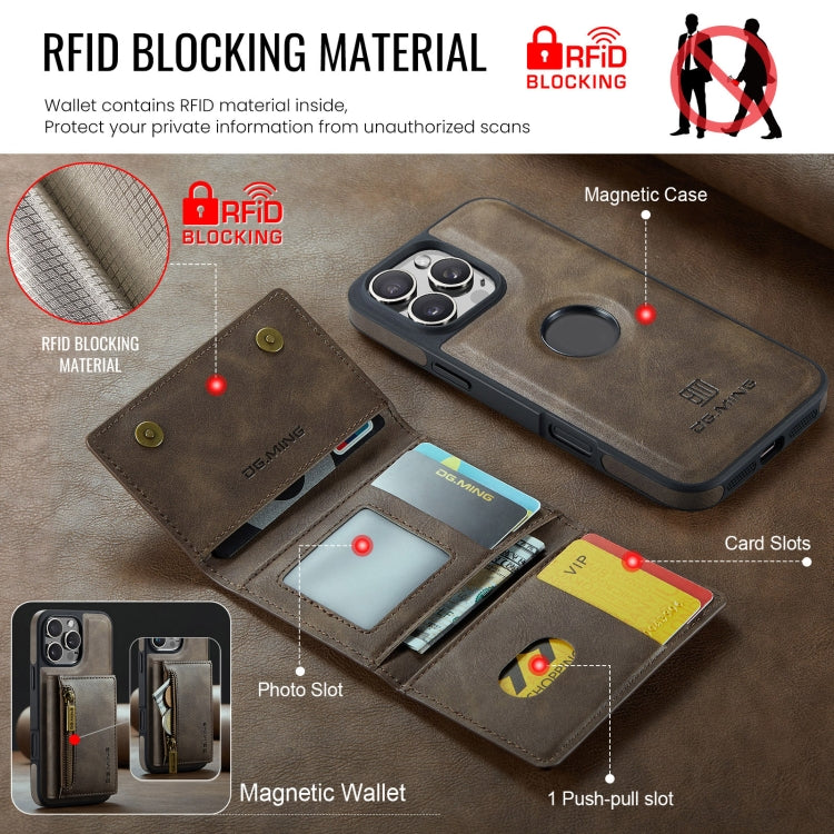 For iPhone 16 Pro Max DG.MING M5 Series Zip RFID Multi Card Detachable Leather Phone Case(Coffee) - iPhone 16 Pro Max Cases by DG.MING | Online Shopping South Africa | PMC Jewellery | Buy Now Pay Later Mobicred