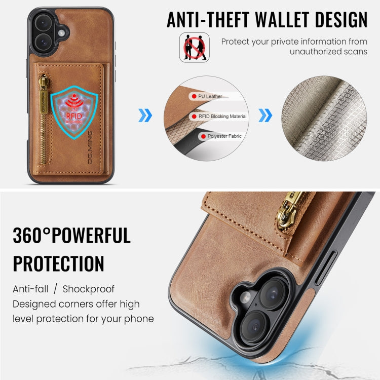 For iPhone 16 Plus DG.MING M5 Series Zip RFID Multi Card Detachable Leather Phone Case(Brown) - iPhone 16 Plus Cases by DG.MING | Online Shopping South Africa | PMC Jewellery | Buy Now Pay Later Mobicred