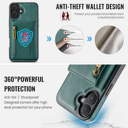 For iPhone 16 Plus DG.MING M5 Series Zip RFID Multi Card Detachable Leather Phone Case(Green) - iPhone 16 Plus Cases by DG.MING | Online Shopping South Africa | PMC Jewellery | Buy Now Pay Later Mobicred