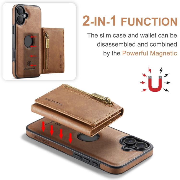 For iPhone 16 DG.MING M5 Series Zip RFID Multi Card Detachable Leather Phone Case(Brown) - iPhone 16 Cases by DG.MING | Online Shopping South Africa | PMC Jewellery | Buy Now Pay Later Mobicred