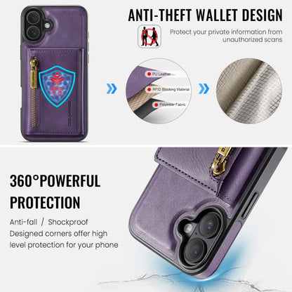 For iPhone 16 DG.MING M5 Series Zip RFID Multi Card Detachable Leather Phone Case(Purple) - iPhone 16 Cases by DG.MING | Online Shopping South Africa | PMC Jewellery | Buy Now Pay Later Mobicred